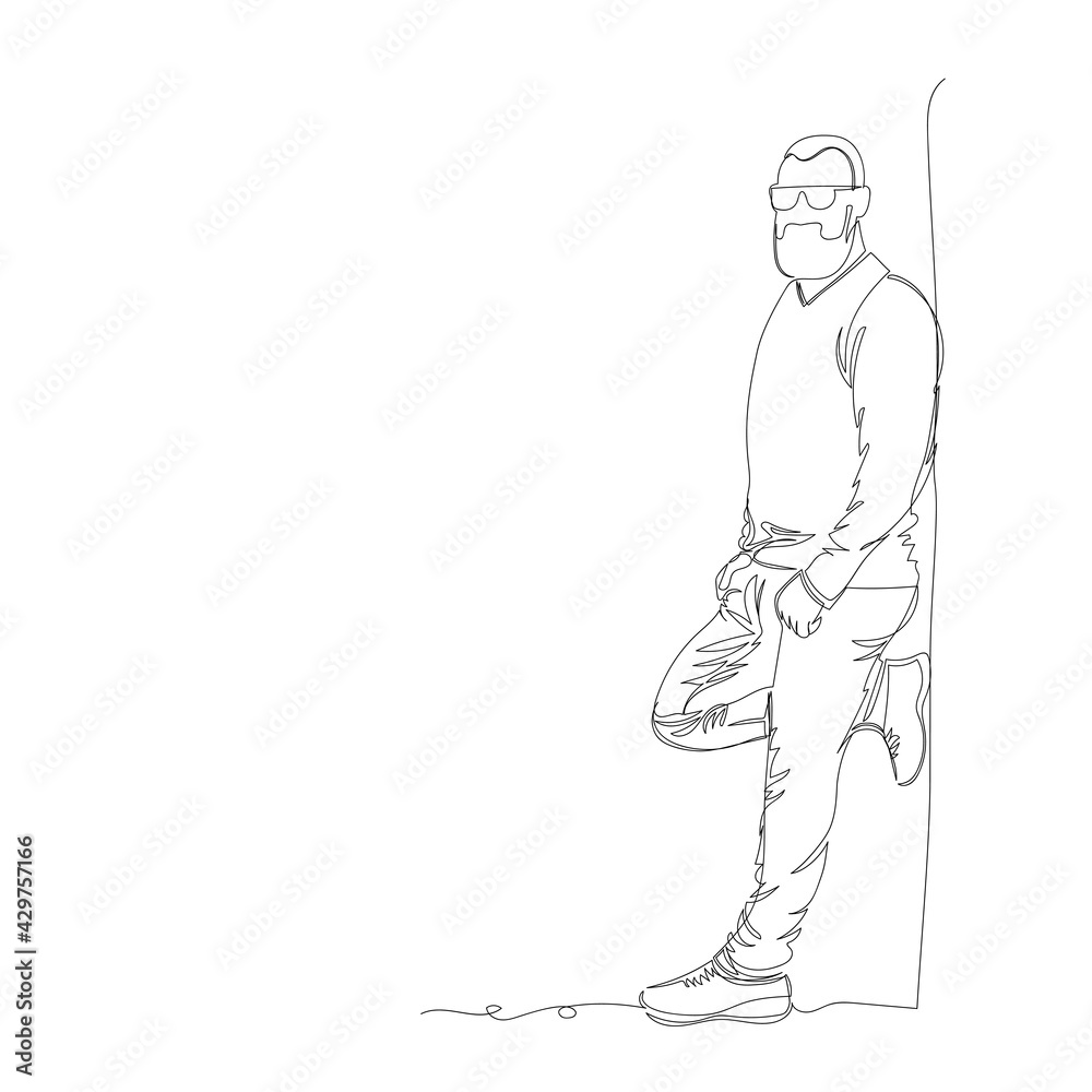 a man stands against a wall. vector illustration. one line. a continuous line. contour drawing a man stands against a wall. vector illustration. one line. a continuous line. contour drawing