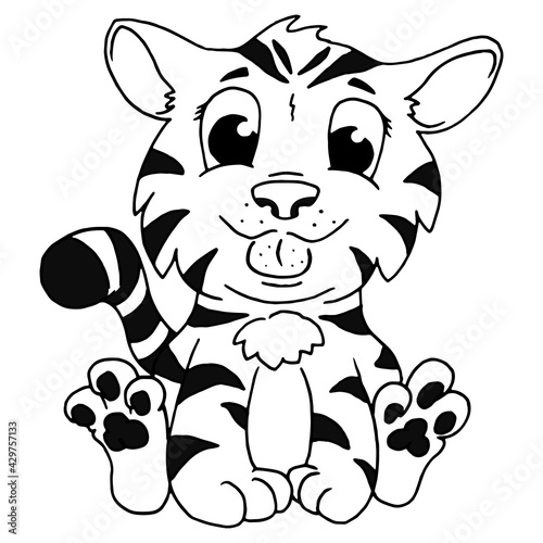Tiger cute doodle hand drawn flat vector illustration.