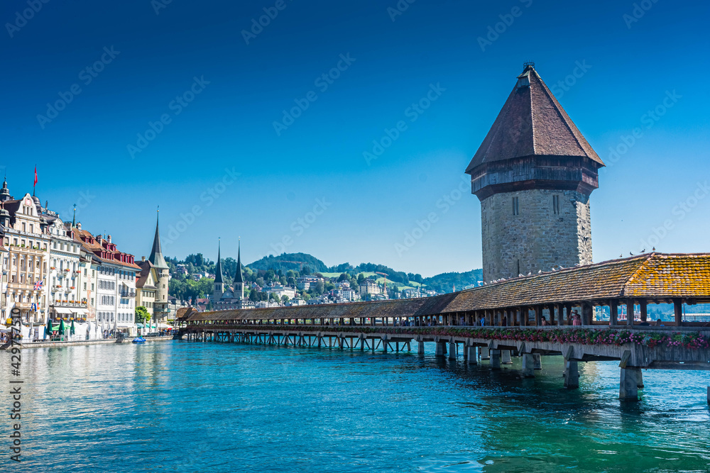 LUCERNE, SWITZERLAND, 8 AUGUST 2020: The beautiful landscape of the Kapellbrücke bridge