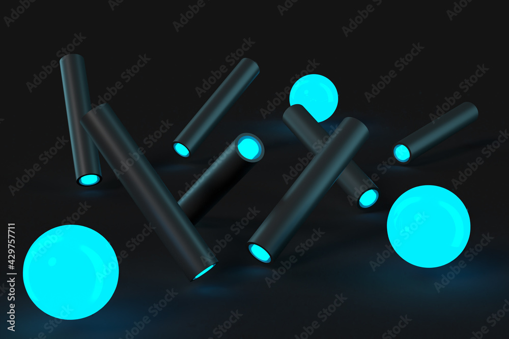 Abstract and futuristic concept art of blue light tubes on black background - 3D rendered illustration Abstract and futuristic concept art of blue light tubes on black background - 3D rendered illustration