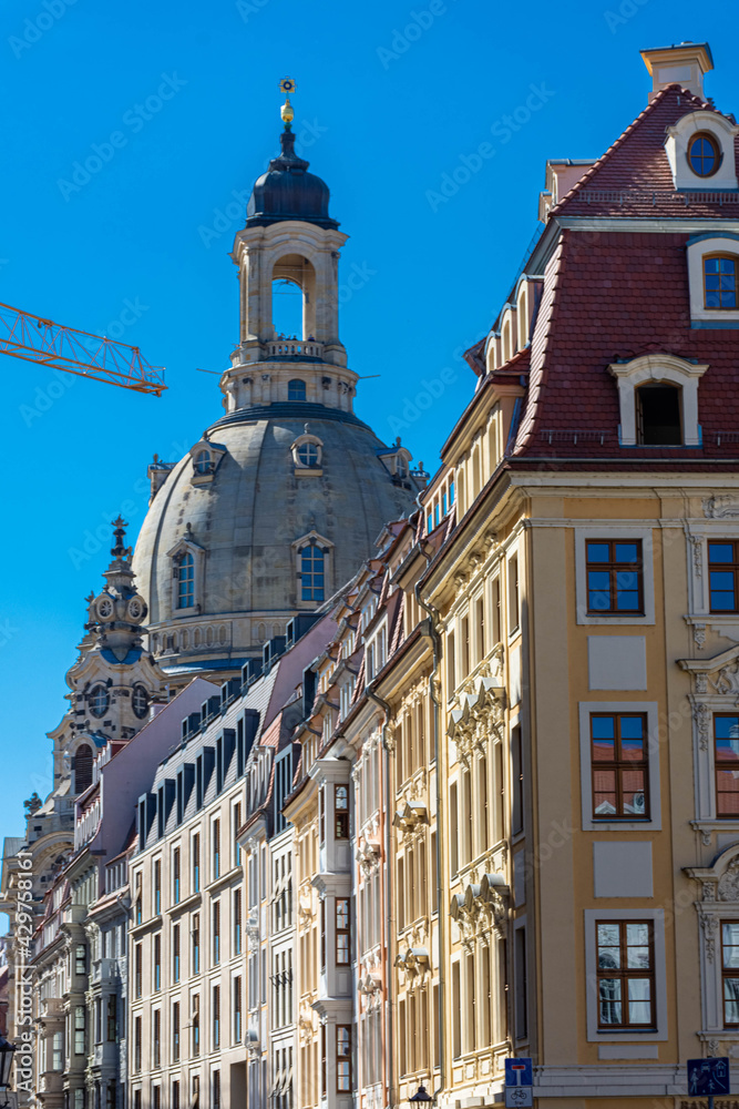 Street view of the Frauenkirche Cathedral, Dresden, Germany