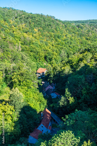 Aerial view of the Karlstejn Valley and its forest in Czech Republic