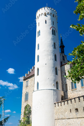 Lichtenstein Castle (Schloss Lichtenstein), a palace built in Gothic Revival style overlooking the Echaz valley near Honau, Reutlinge, in the Swabian Jura of southern Germany photo