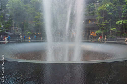 SINGAPORE, 27 SEPTEMBER 2019: The biggest indoor waterfall in the world in Jewel Changi Airport