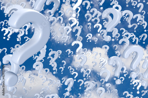Many 3D question mark symbols, white, drop, on sky background.