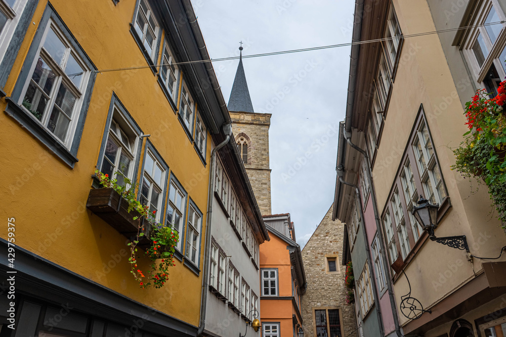 ERFURT, GERMANY, 28 JULY 2020:  The Kramerbrucke, the Merchants' Bridge, continously inhabited for over 500 years