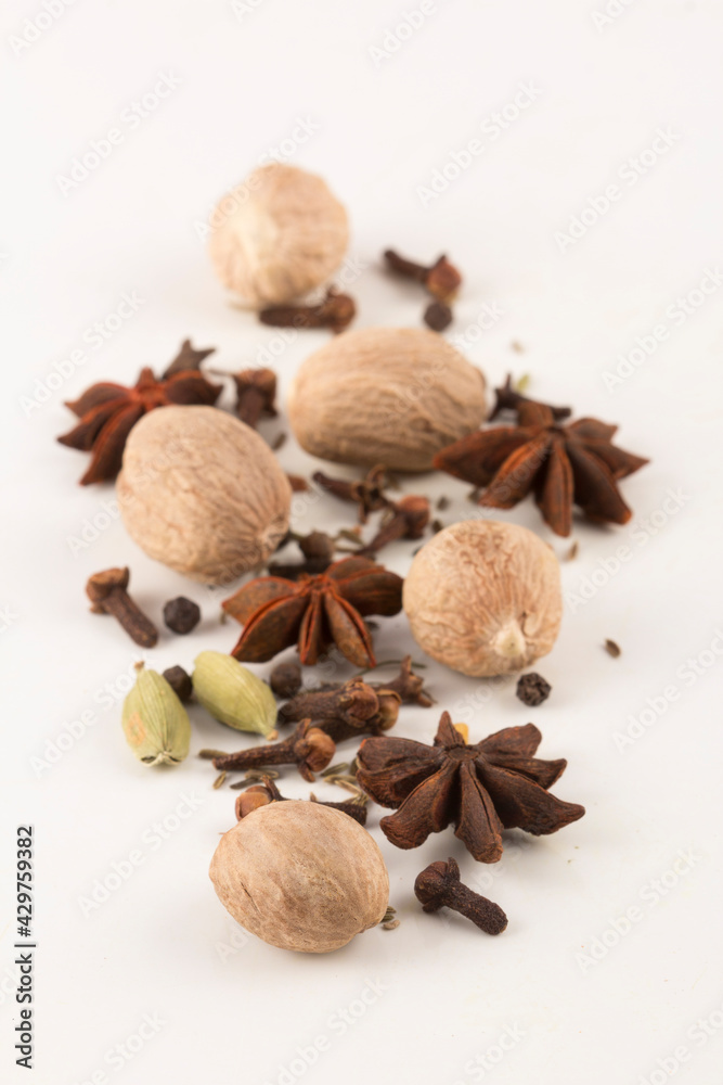 Spices: cinnamon and anise stars, Cloves, Nutmegs and cardamom Stock photo Spices: cinnamon and anise stars, Cloves, Nutmegs and cardamom Stock photo