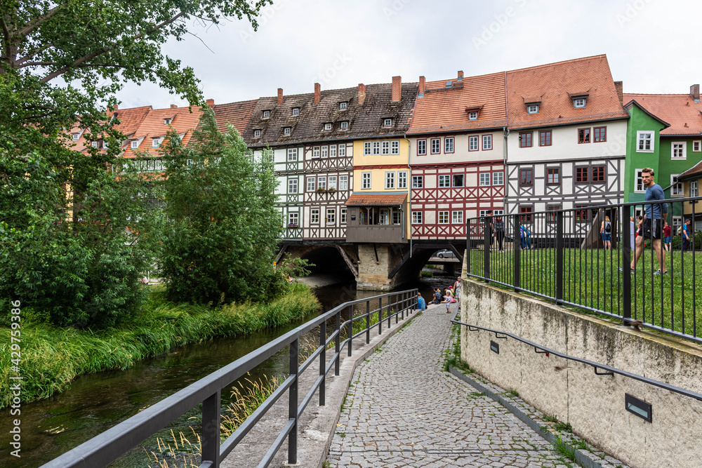 ERFURT, GERMANY, 28 JULY 2020:  The Kramerbrucke, the Merchants' Bridge, continously inhabited for over 500 years