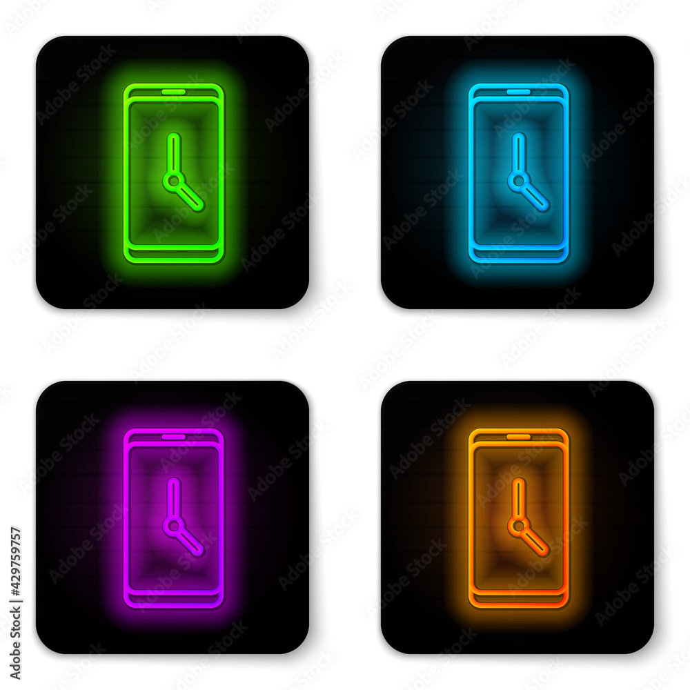 Glowing neon line Alarm clock app smartphone interface icon isolated on white background. Black square button. Vector Glowing neon line Alarm clock app smartphone interface icon isolated on white background. Black square button. Vector