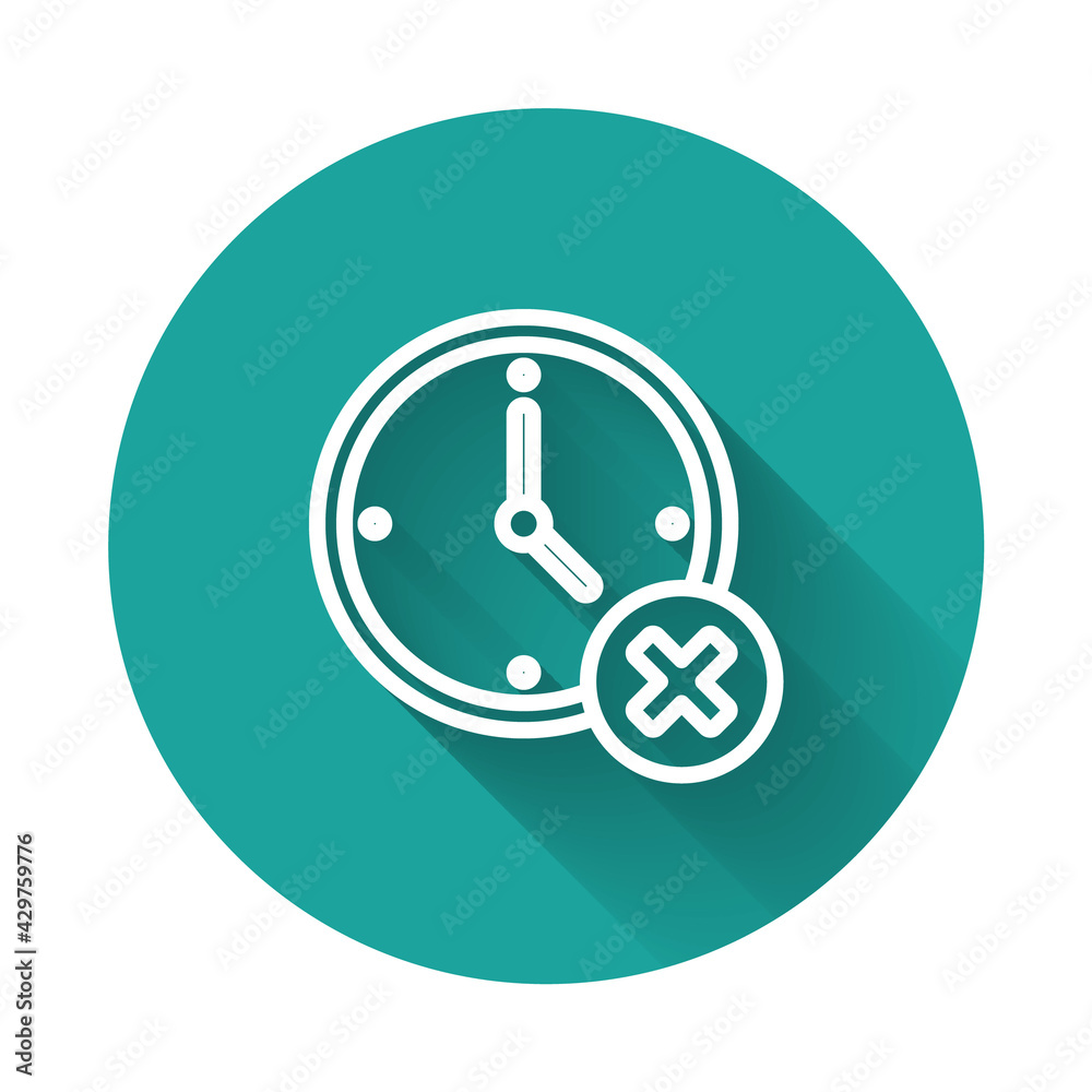 White line Clock delete icon isolated with long shadow. Time symbol. Green circle button. Vector White line Clock delete icon isolated with long shadow. Time symbol. Green circle button. Vector
