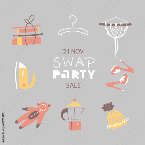 Swap party or garage sale poster template. Gray and yellow. Use for print or social media