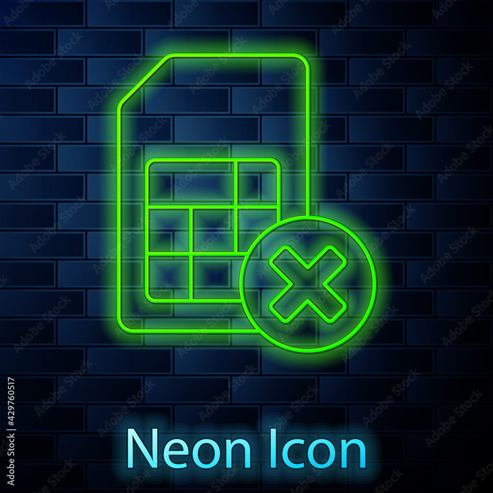 Glowing neon line Sim card rejected icon isolated on brick wall background. Mobile cellular phone sim card chip. Mobile telecommunications technology symbol. Vector Glowing neon line Sim card rejected icon isolated on brick wall background. Mobile cellular phone sim card chip. Mobile telecommunications technology symbol. Vector