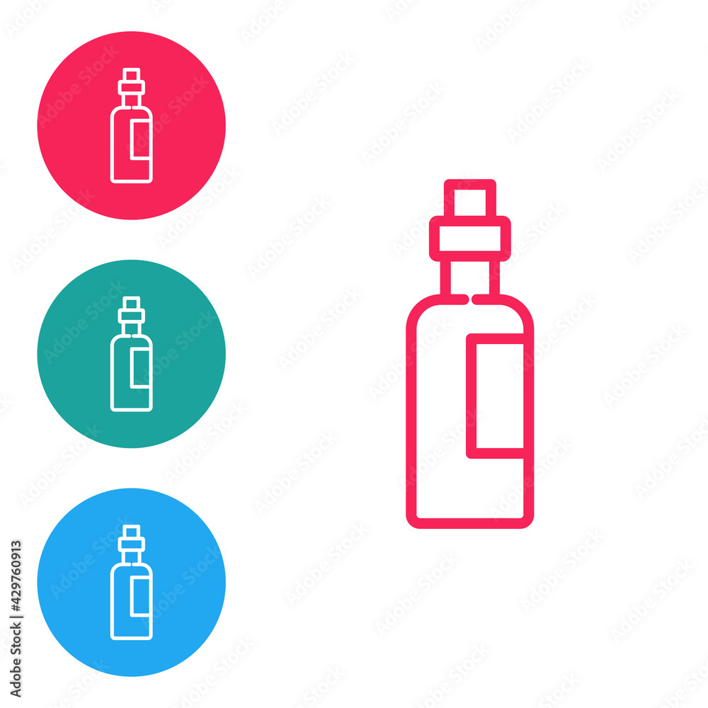 Red line Bottle of olive oil icon isolated on white background. Jug with olive oil icon. Set icons in circle buttons. Vector Red line Bottle of olive oil icon isolated on white background. Jug with olive oil icon. Set icons in circle buttons. Vector