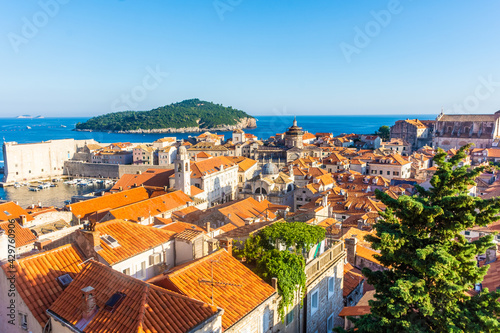 Beautiful aerial landscape of Dubrovnik old town at sunset, Croatia
