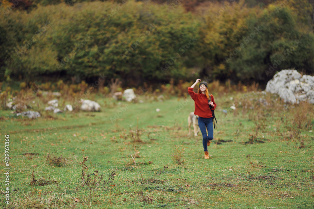 cheerful woman tourist autumn travel fresh air trees cheerful woman tourist autumn travel fresh air trees