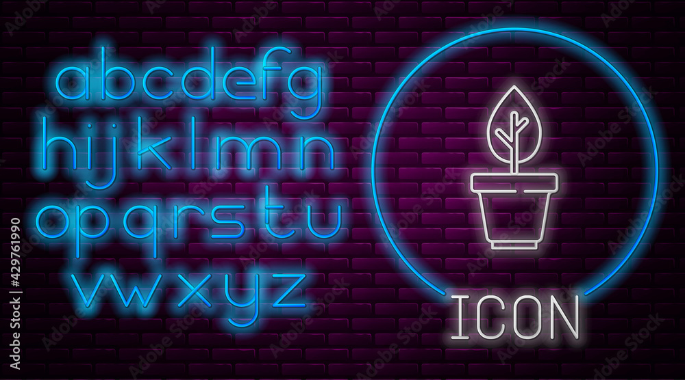 Glowing neon line Plant in pot icon isolated on brick wall background. Plant growing in a pot. Potted plant sign. Neon light alphabet. Vector Glowing neon line Plant in pot icon isolated on brick wall background. Plant growing in a pot. Potted plant sign. Neon light alphabet. Vector