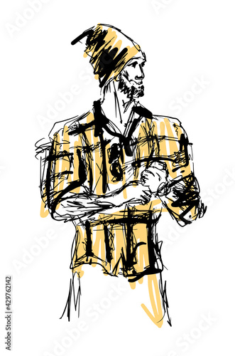 Abstract man in hat hand drawn sketch eps10 vector illustration isolated on white background. No reference