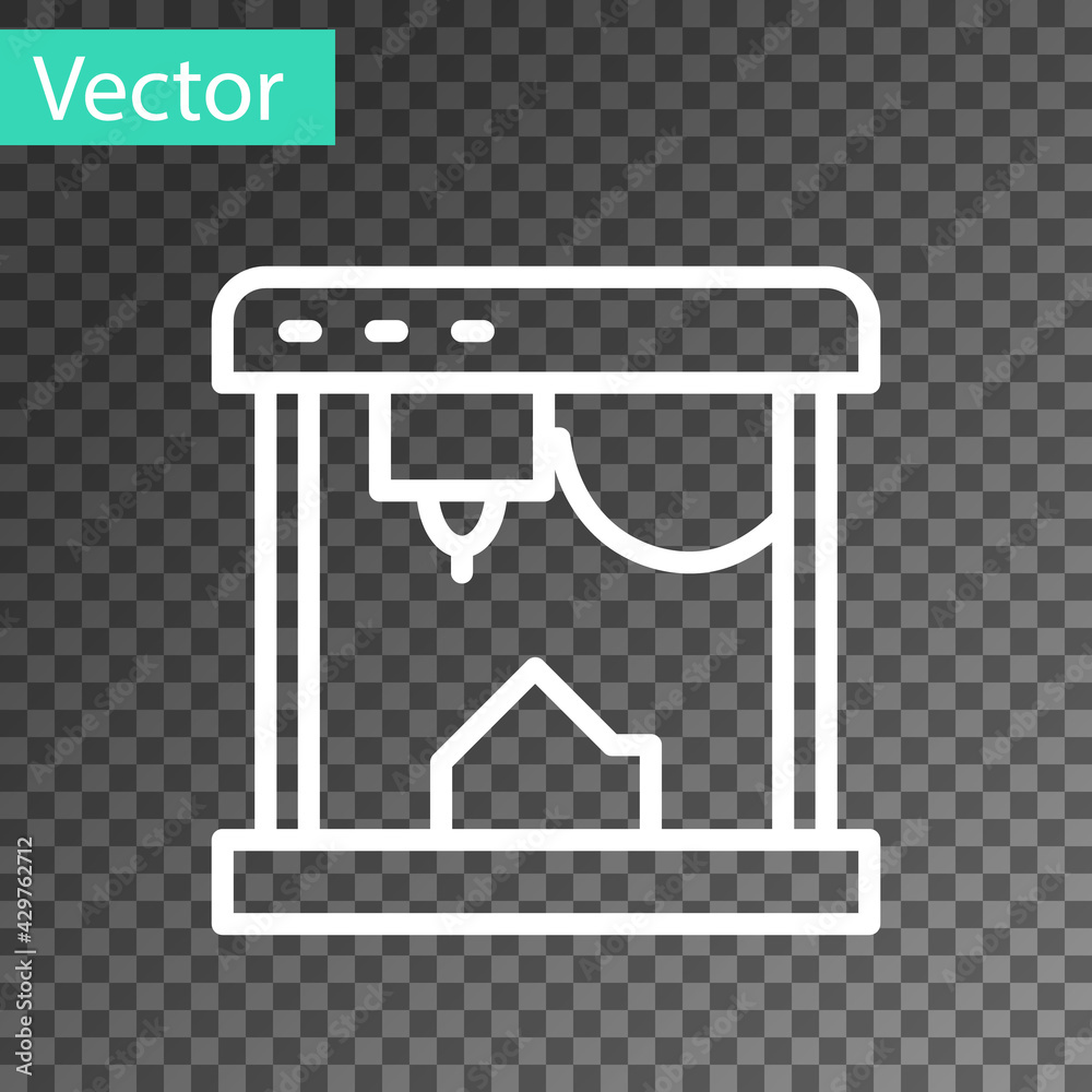 White line 3D printer icon isolated on transparent background. Vector