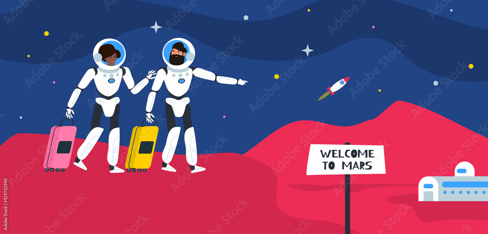 welcome to mars couple of astronauts with luggages on red planet space tourism and travel vector illustration