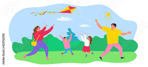 happy caucasian family launch a kite on nature in the park vector illustration © tarikdiz