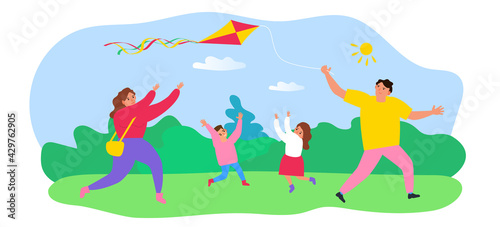 happy caucasian family launch a kite on nature in the park vector illustration