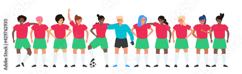 female football team women soccer players standing together vector illustration