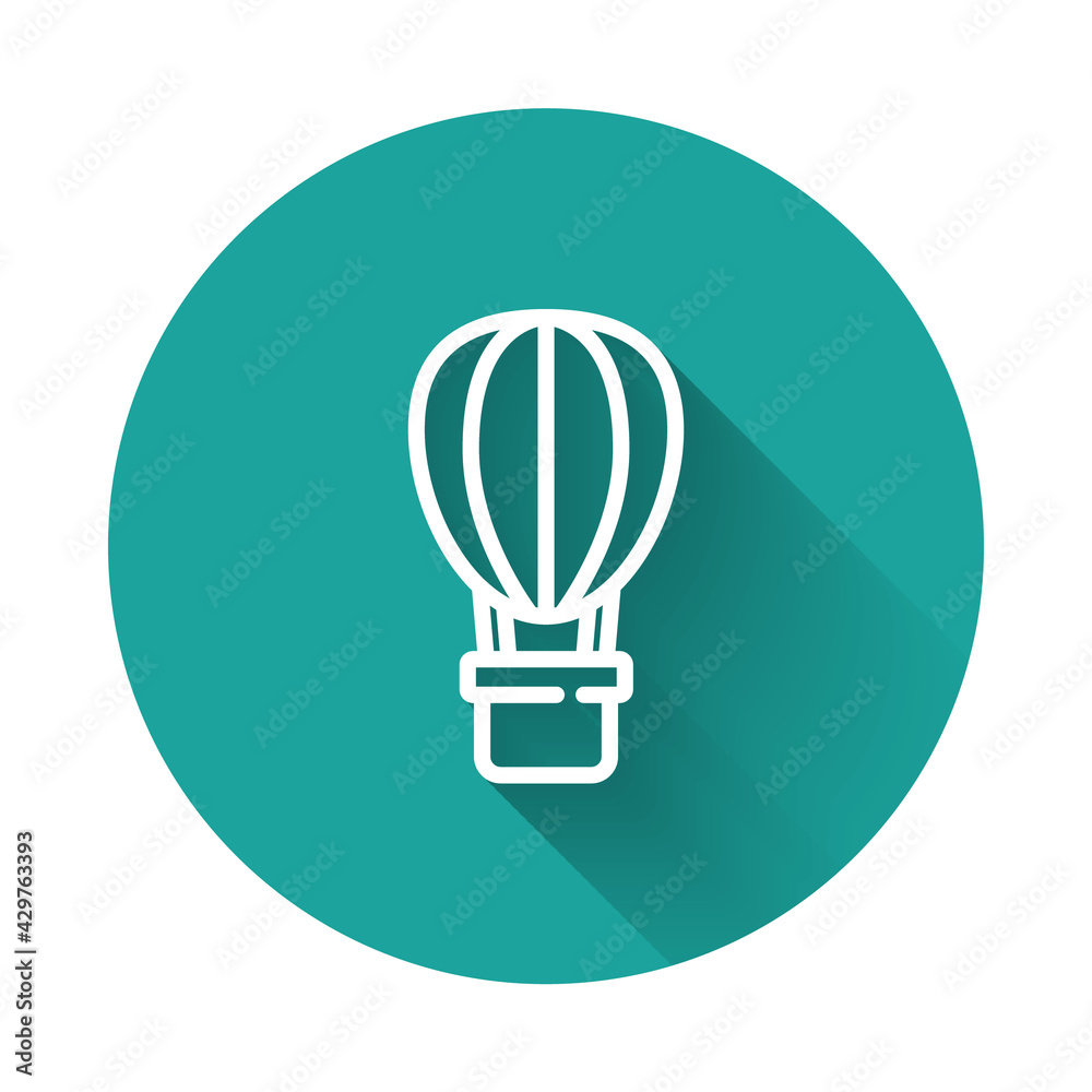 White line Hot air balloon icon isolated with long shadow. Air transport for travel. Green circle button. Vector White line Hot air balloon icon isolated with long shadow. Air transport for travel. Green circle button. Vector