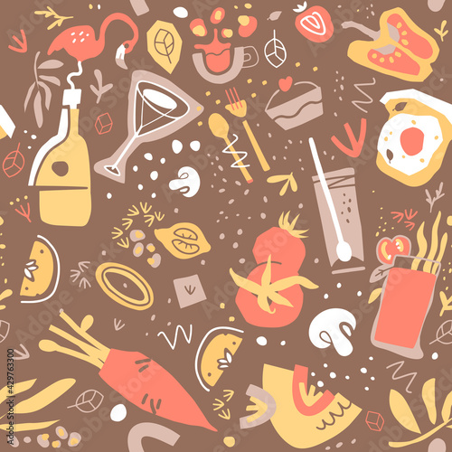 Drinks, vegetables, fruits, ingredients and meals. Seamless pattern for towel or tablecloth, recipe book cover, banner, background, menu