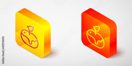 Isometric line Apple in caramel icon isolated on grey background. Yellow and orange square button. Vector