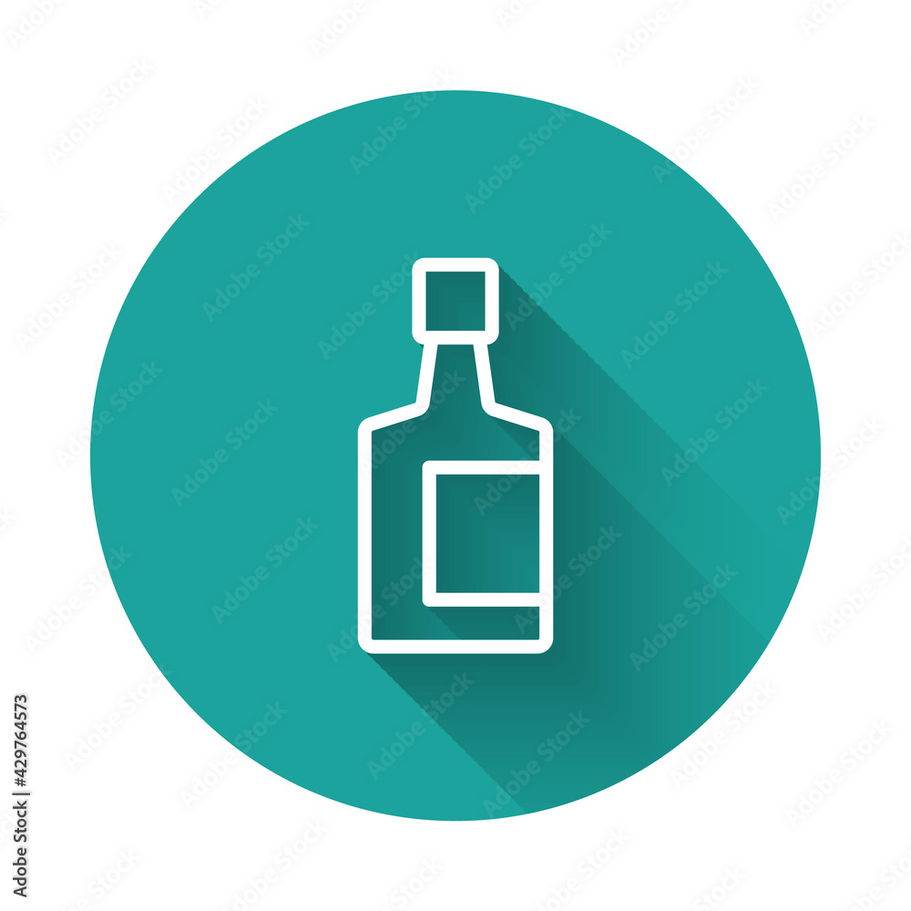 White line Tequila bottle icon isolated with long shadow background. Mexican alcohol drink. Green circle button. Vector White line Tequila bottle icon isolated with long shadow background. Mexican alcohol drink. Green circle button. Vector