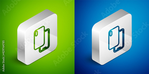 Isometric line Smartphone, mobile phone icon isolated on green and blue background. Silver square button. Vector