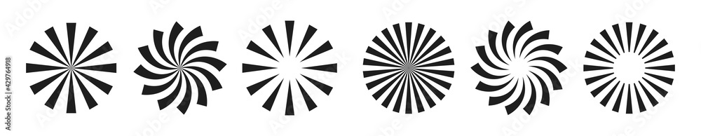 Sun burst radial vector elements. Black burst circular background. Starburst sunburst round shape. Vector illustration.