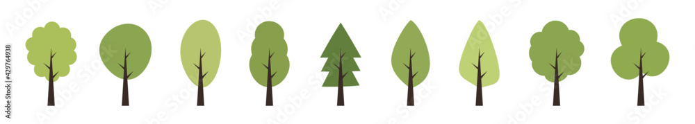 Tree green icon collection. Wood with leaf in flat style. Nature graphic element. Eco symbols isolated on white background. Vector illustration.