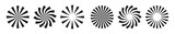 Sun burst radial vector elements. Black burst circular background. Starburst sunburst round shape. Vector illustration.