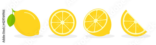 Yellow lemon fruit. Fresh citrus and slices or pie isolated on white background. Vector illustration.
