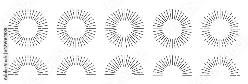 Sunburst set. Rays line shine icon collection. Sunshine, sunbeam and sunrise light vintage circles. Decoration design elements. Vector illustration.