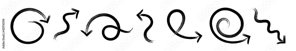 Hand drawn arrows set. Watercolor black curved arrow button. Grunge line arrows isolated on white background. Vector design elements. Hand drawn arrows set. Watercolor black curved arrow button. Grunge line arrows isolated on white background. Vector design elements.