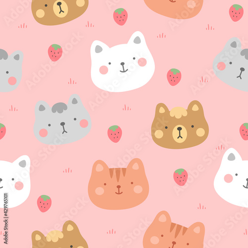 cats with cute kitty paw seamless pattern, doodle cat animals background, kitten vector illustration
