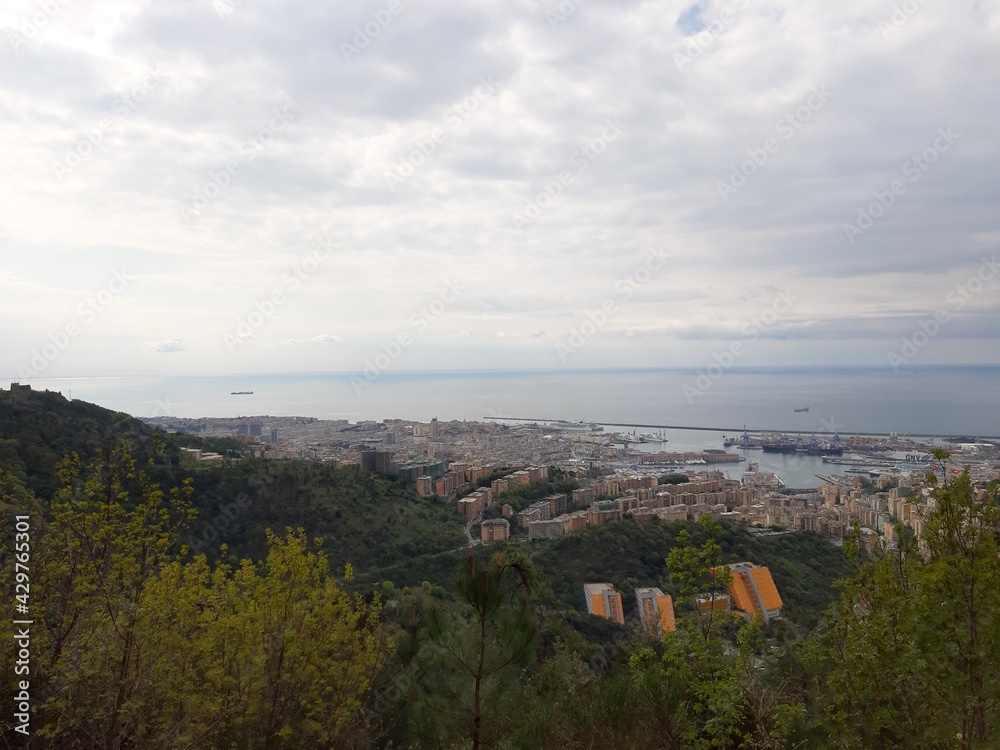 Fototapeta premium Discovering the mountains around Genoa. Panoramic view to the city. Grey sky in the background. First green leaves in spring.