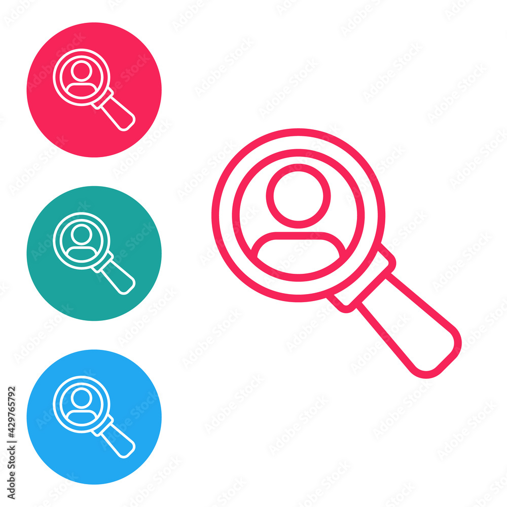 Red line Magnifying glass for search a people icon isolated on white background. Recruitment or selection concept. Search for employees and job. Set icons in circle buttons. Vector Red line Magnifying glass for search a people icon isolated on white background. Recruitment or selection concept. Search for employees and job. Set icons in circle buttons. Vector