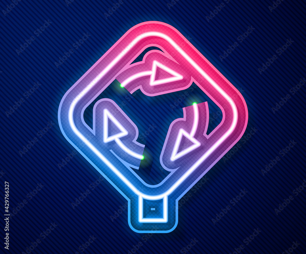 Glowing neon line Roundabout traffic icon isolated on blue background. Traffic circle road sign. Vector Glowing neon line Roundabout traffic icon isolated on blue background. Traffic circle road sign. Vector