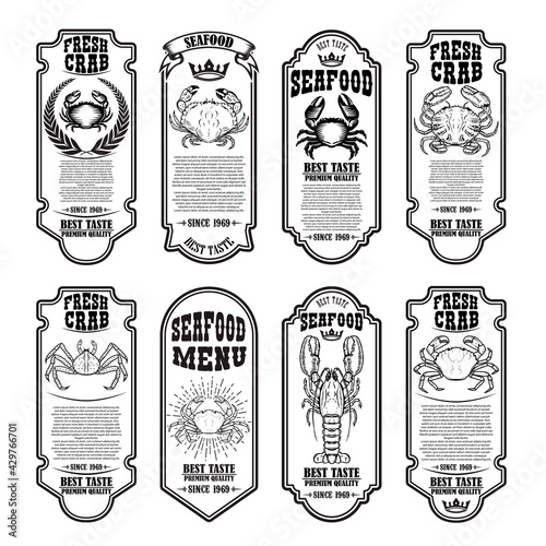 Set of seafood flyers with crabs. Crab meat. Design element for poster, banner, card. Vector illustration