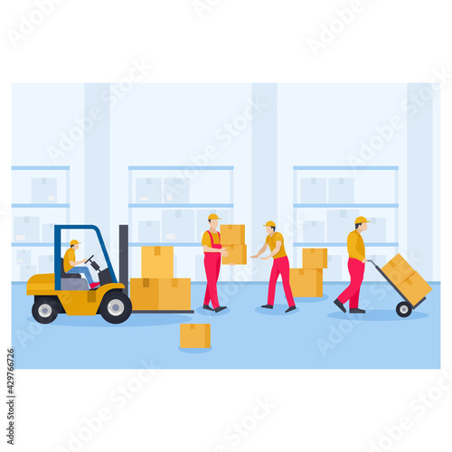 Workers arranging packages in warehouse