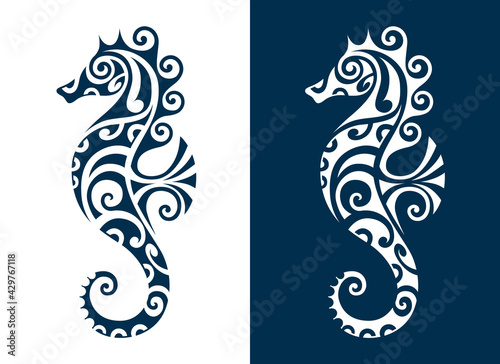 Sea horse vector illustration maori style tattoo. Stylized graphic seahorse. Blue on white background.