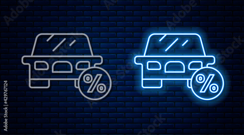 Glowing neon line Car leasing percent icon isolated on brick wall background. Credit percentage symbol. Vector