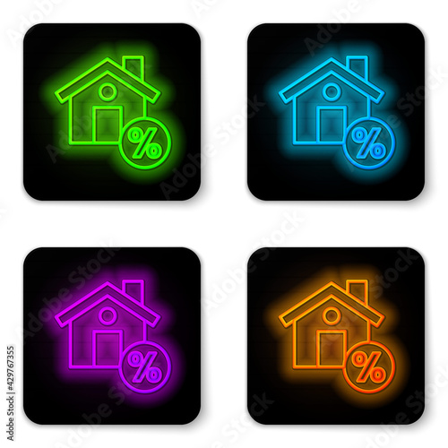 Glowing neon line House with percant discount tag icon isolated on white background. Real estate home. Credit percentage symbol. Black square button. Vector