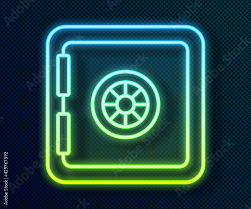 Glowing neon line Safe icon isolated on black background. The door safe a bank vault with a combination lock. Reliable Data Protection. Vector