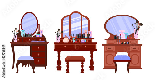  set of dressing tables with jewelry boxes, makeup brushes, combs and lipstick. Vector illustration in cartoon flat style. Vintage-style furniture. A place to apply makeup.