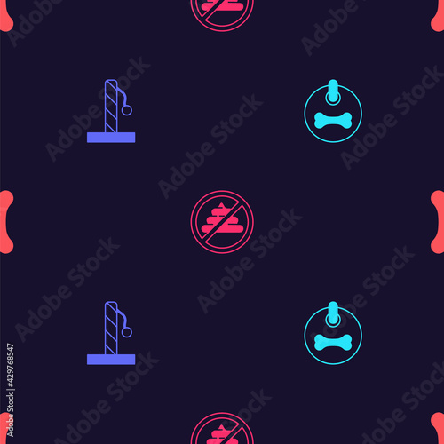 Set Dog collar, Cat scratching post, No shit and bone on seamless pattern. Vector