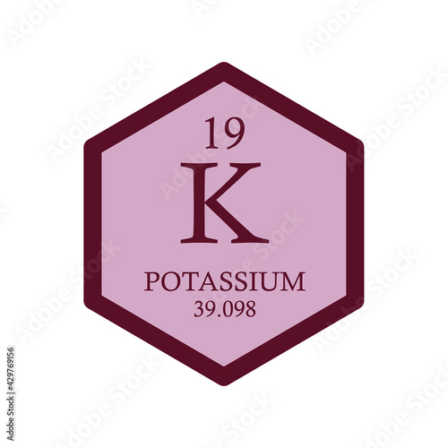 K Potassium Alkali metal Chemical Element Periodic Table. Hexagon vector illustration, simple clean style Icon with molar mass and atomic number for Lab, science or chemistry education.